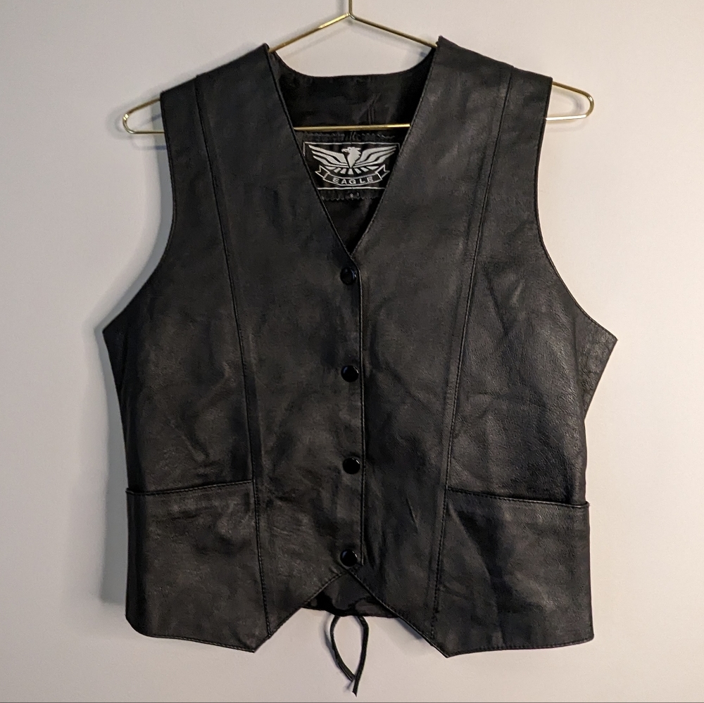 Eagle Brand Leather Motorcycle Biker Vest Four Snap Lace Up Back Size Small EUC